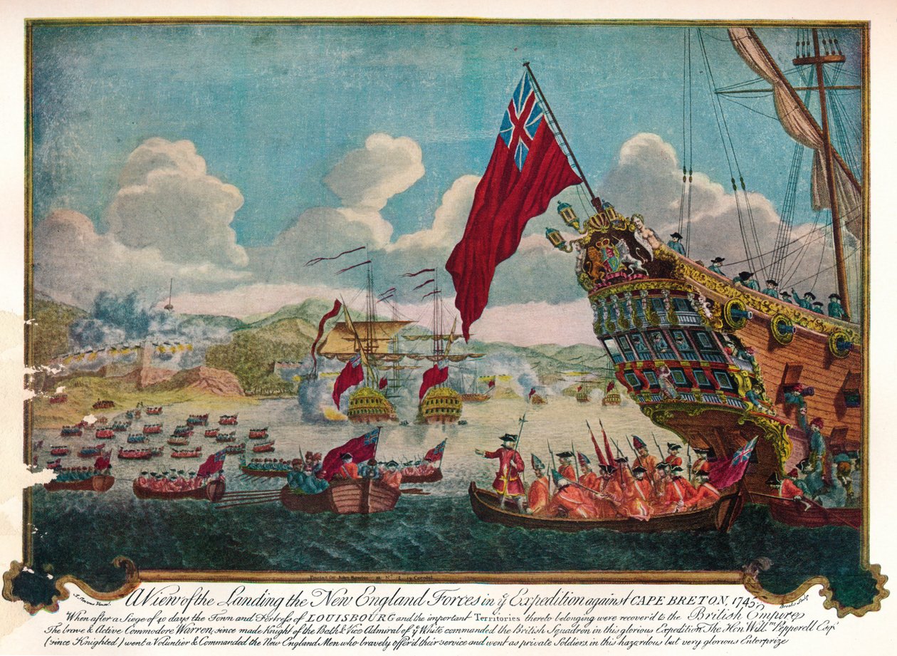 Új-angliai csapatok partraszállása Cape Breton szigetén, hogy megtámadják Louisbourgot, 1747 alkotó: James L. Brooks