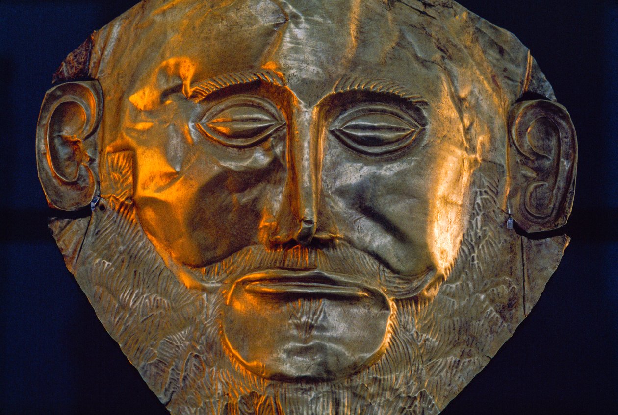 Egy bronzkori halotti maszk. Nemzeti Régészeti Múzeum, Athén, Görögország. alkotó: James L Stanfield