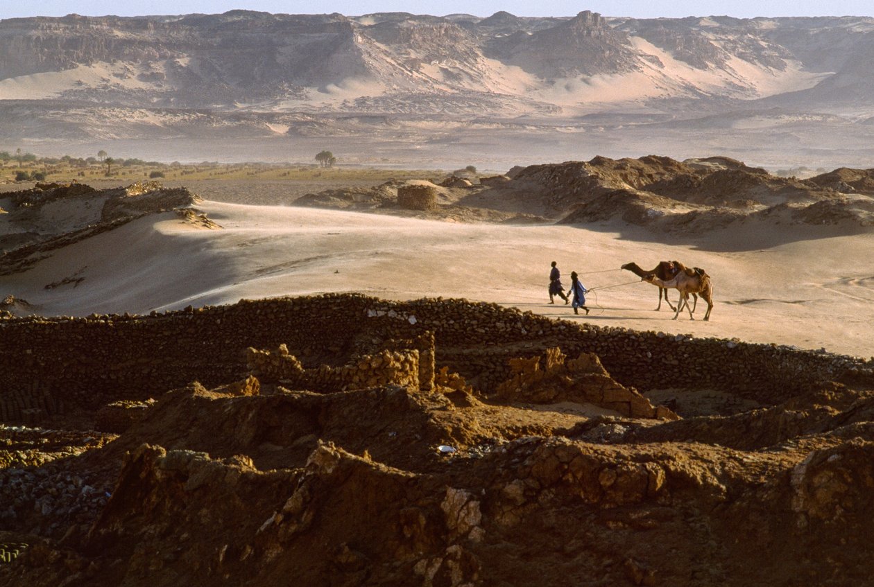 Teve a sókaraván tagjaival átkel a sivatagi fennsíkon BILMA-nál, NIGER. BILMA, NIGER. alkotó: James L Stanfield