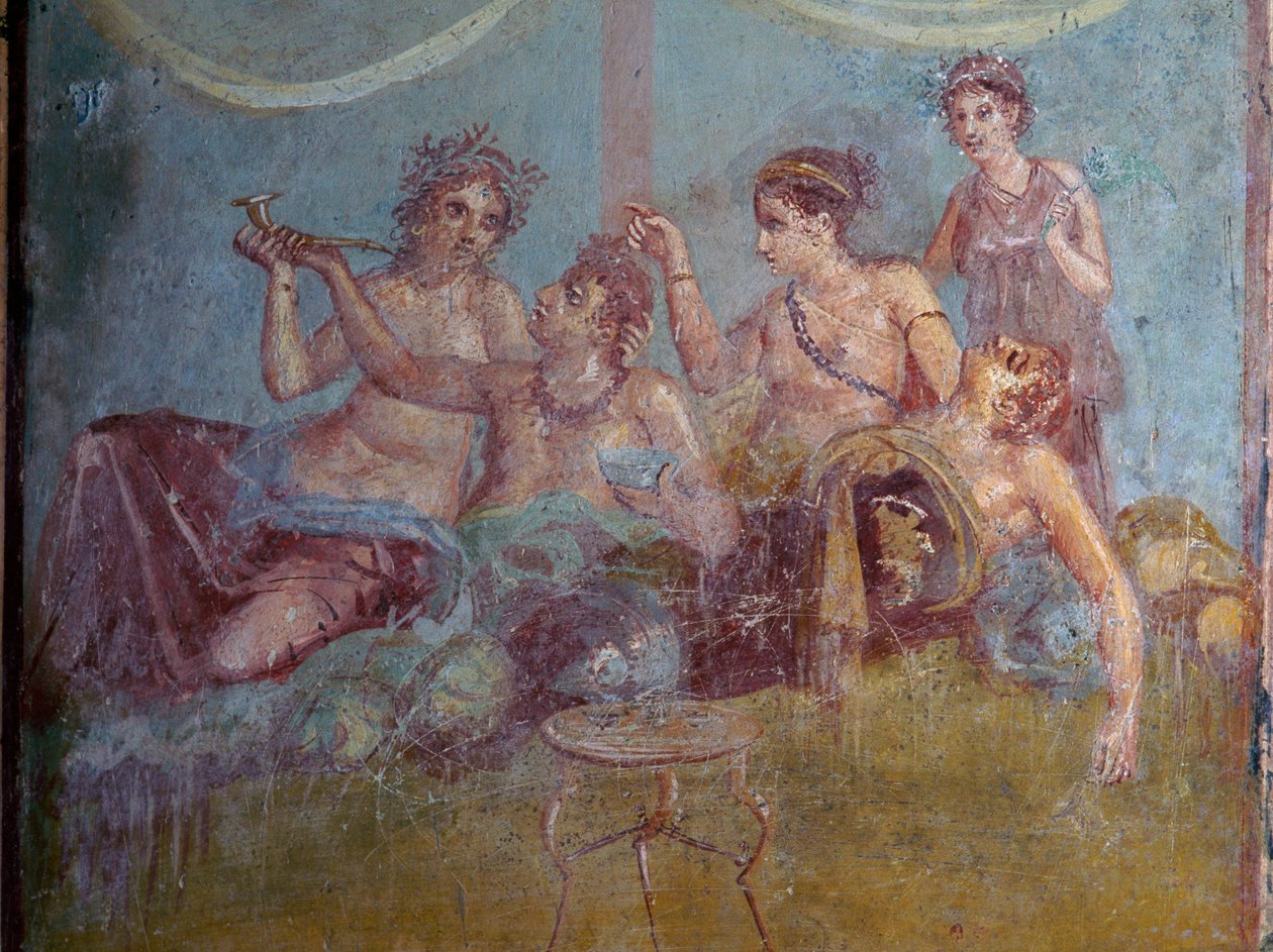 Pompejiben feltárt freskó a római felsőbb osztályról, amint luxusban élvezik az életet. Pompeji, Olaszország. alkotó: James L Stanfield