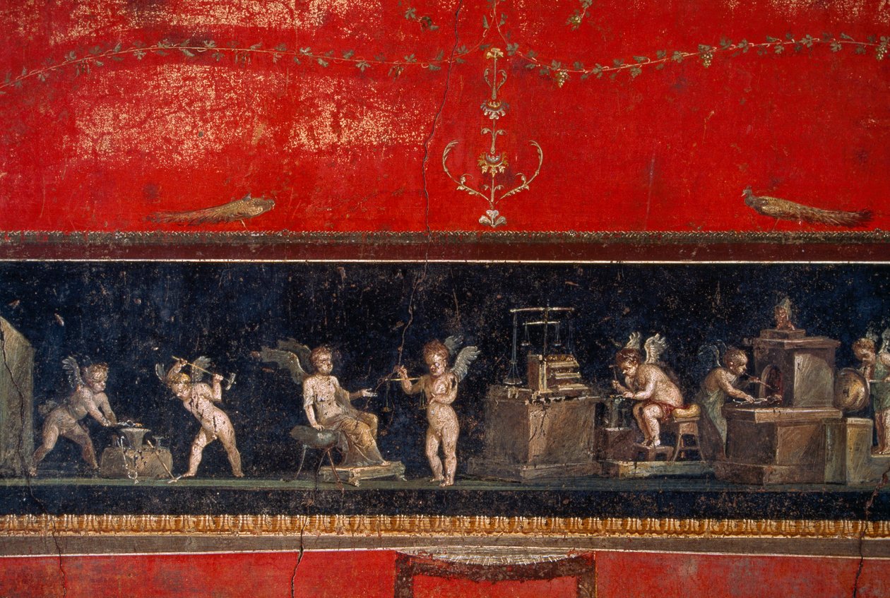 A Pompejiben feltárt freskó aranyműves kerubokat ábrázol munka közben. Pompeji, Olaszország. alkotó: James L Stanfield