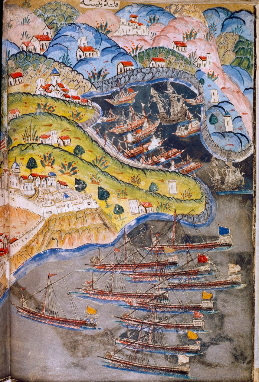 Kalózok támadják meg a Római Birodalom által birtokolt franciaországi Nizzát 1543-ban. Topkapi Múzeum, Isztambul, Törökország. alkotó: James L Stanfield