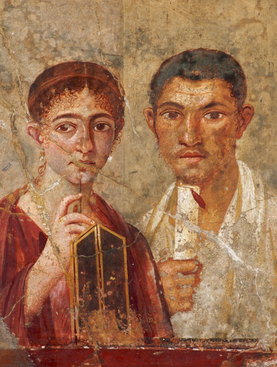 A Pompejiben talált római freskó egy írószerszámokat tartó párt ábrázol. Museo Archeolo... alkotó: James L Stanfield