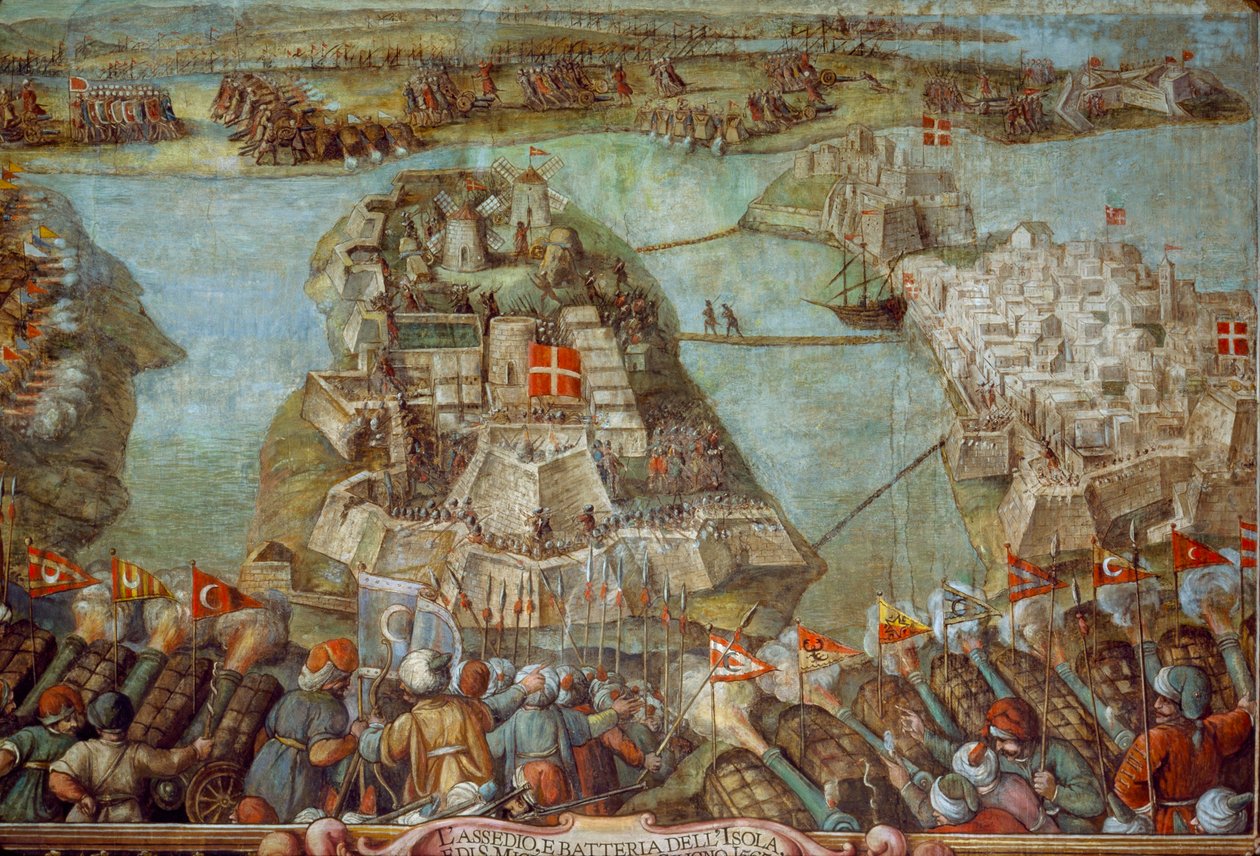 Ez a freskó Málta 1565-ös török ostromát ábrázolja. Műalkotás. alkotó: James L Stanfield