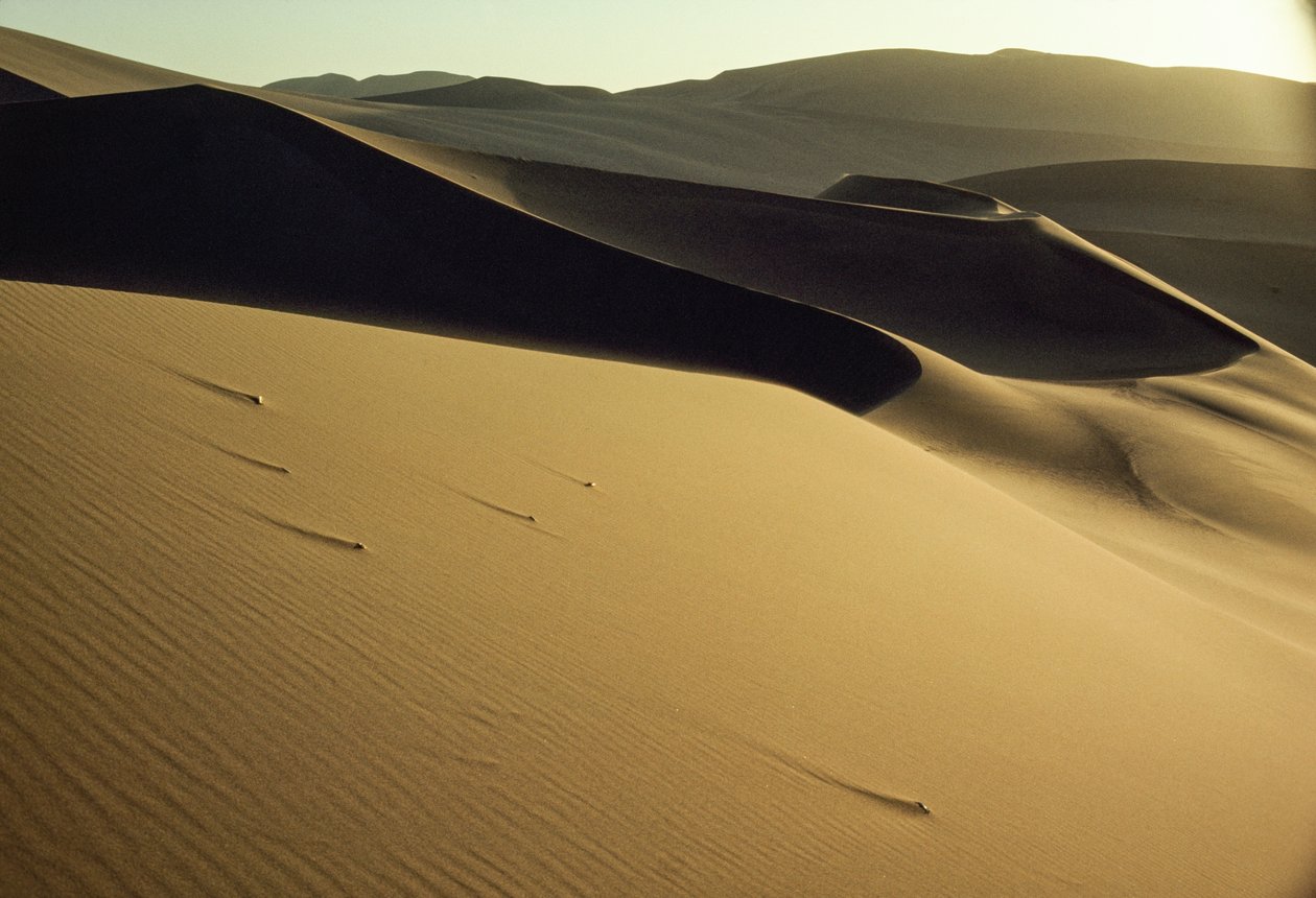 Dunhuang közelében lévő, élesen vágott, árnyékos dűnék látványa. Gansu tartomány, Kínai Népköztársaság. alkotó: James L Stanfield