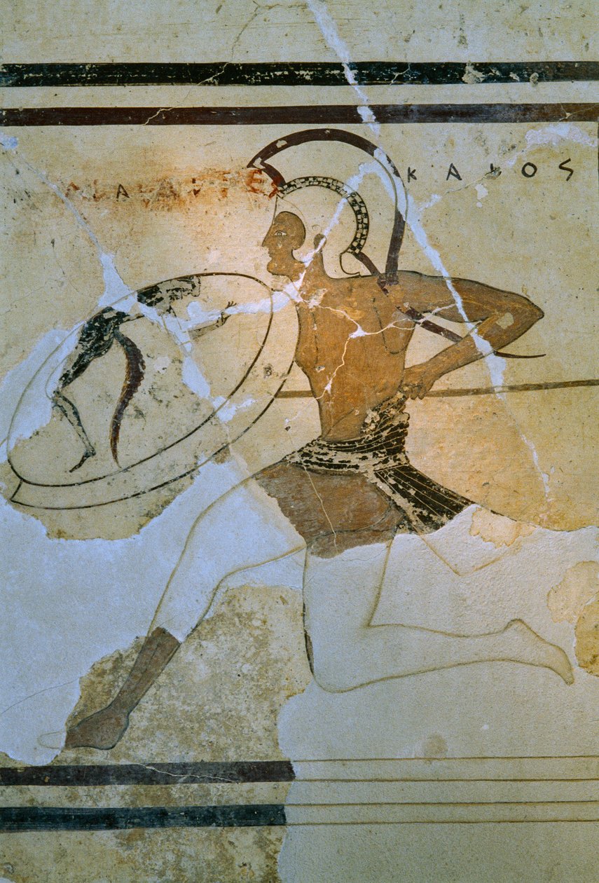 Egy hoplitodromos, más néven hoplitodromia futó falfreskója. Akropolisz Múzeum. Athén, Görögország. alkotó: James L Stanfield
