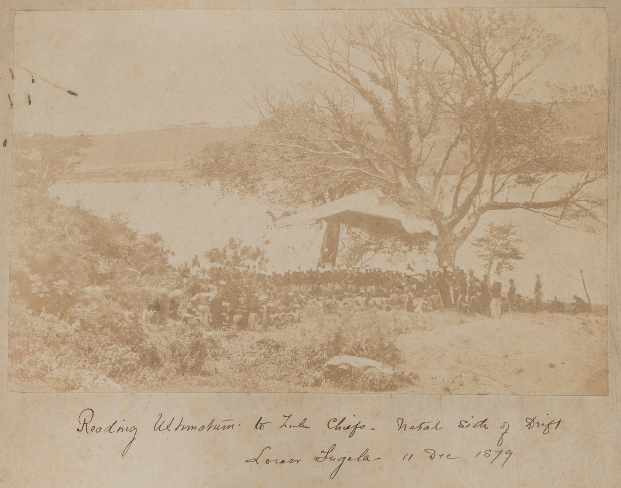 A zulu főnökökhöz intézett ultimátum felolvasása a Drift Lower Tugela Natal oldalán, 1878. december 11. alkotó: James Lloyd