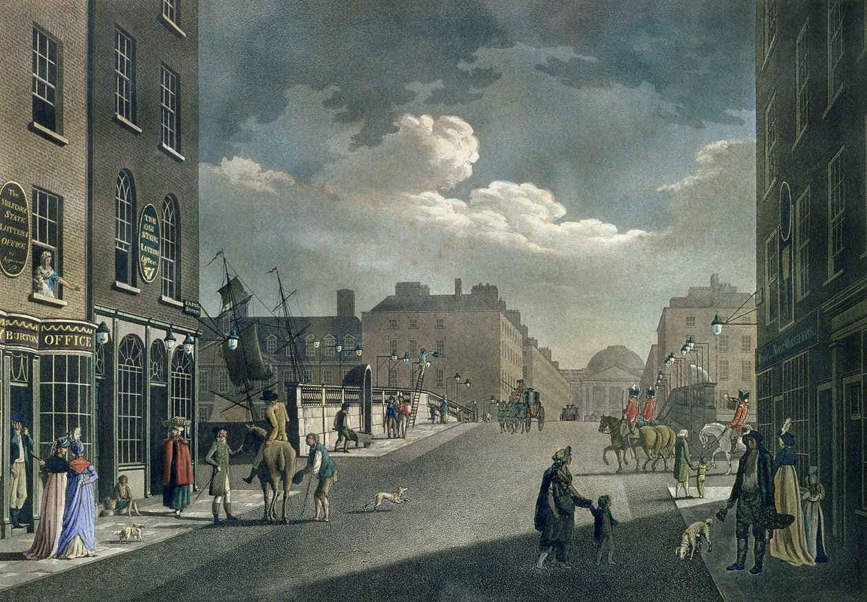 Kilátás a Capel Streetről, a dublini Essex Bridge felett, a "Dublin húsz kilátásából", 1797 alkotó: James Malton