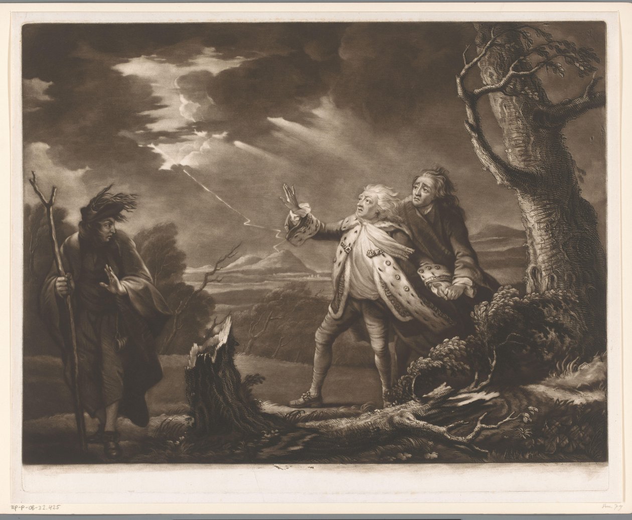 David Garrick Lear király szerepében Kent grófjával és Tomnak álcázott Edgarral egy viharos tájon alkotó: James McArdell