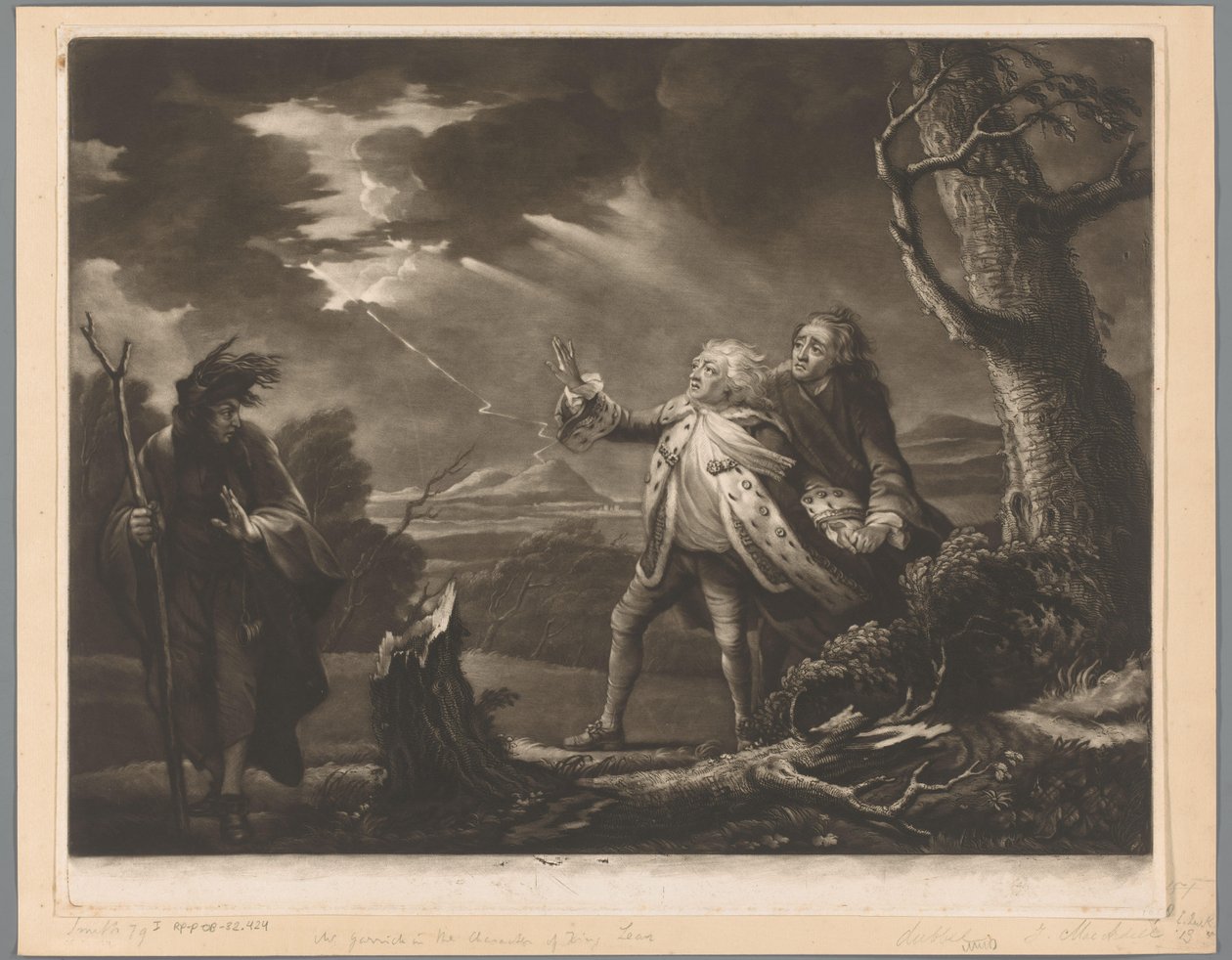 David Garrick Lear király szerepében Kent grófjával és Tomnak álcázott Edgarral egy viharos tájon alkotó: James McArdell