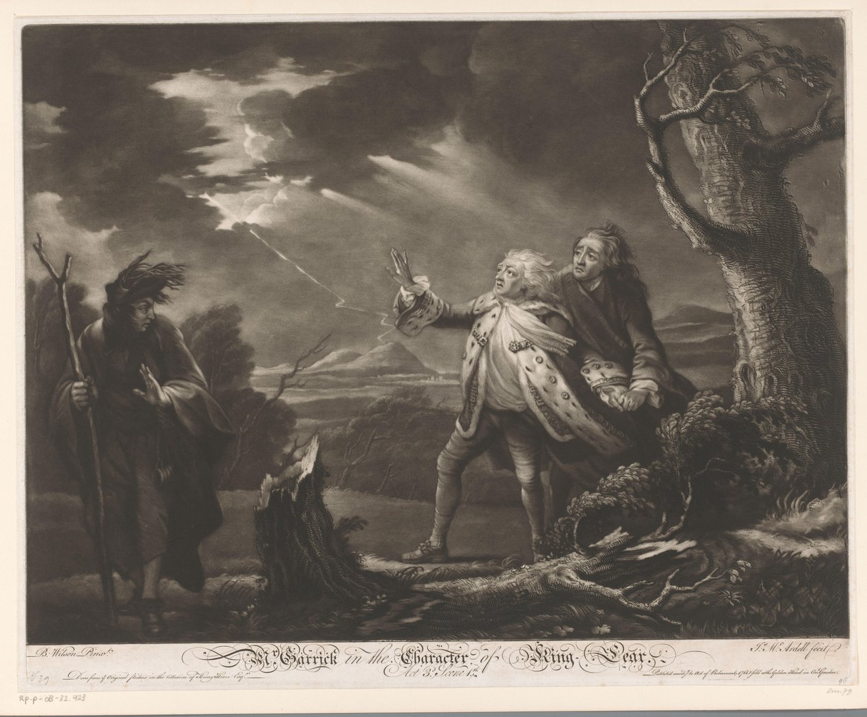 David Garrick Lear király szerepében Kent grófjával és Tomnak álcázott Edgarral egy viharos tájon úr. Garrick Lear király karakterében (cím a tárgyon) alkotó: James McArdell