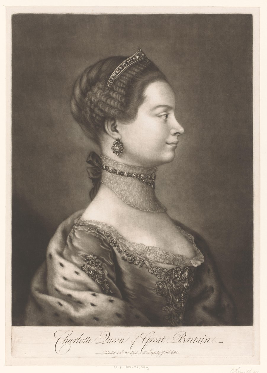 Portré van Charlotte van Mecklenburg Charlotte, Nagy-Britannia királynője (cím a tárgyon) alkotó: James McArdell