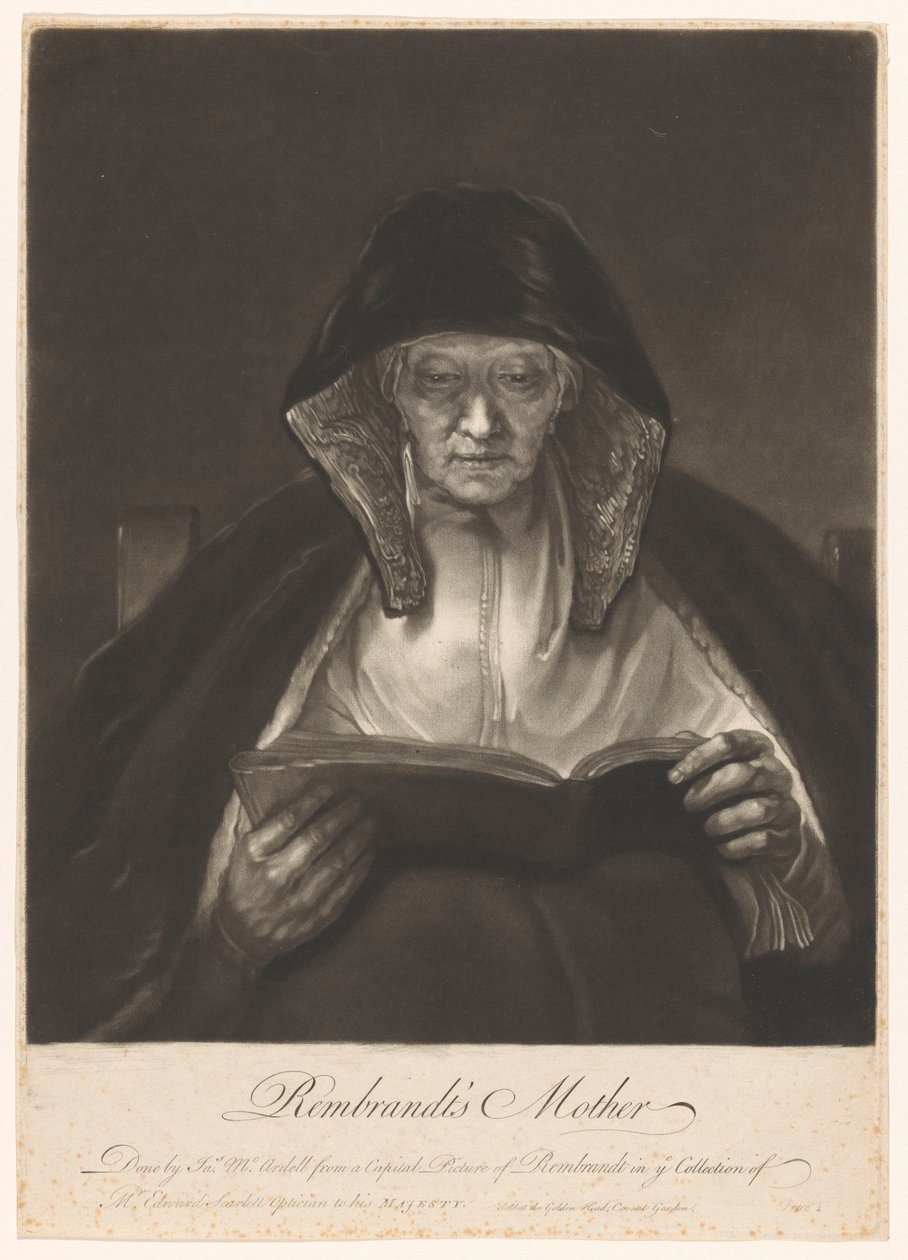 Olvasó öregasszony portréja Rembrandt anyja (cím a tárgyon) alkotó: James McArdell