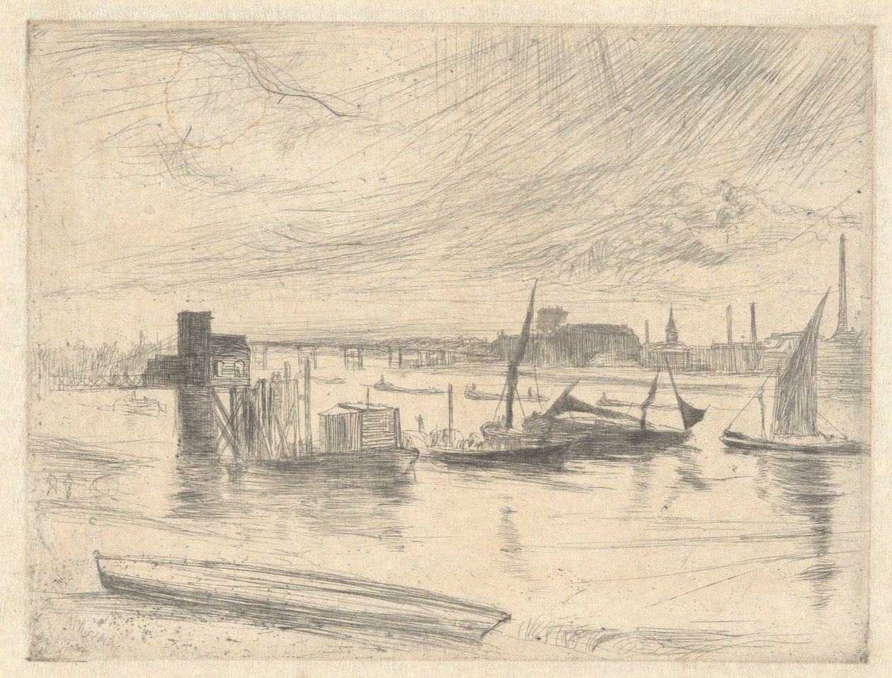 Battersea Dawn (Cadogan Pier), a Temze díszletéből (Tizenhat rézkarc sorozat a Temzéről és más témákról) alkotó: James Abbott McNeill Whistler