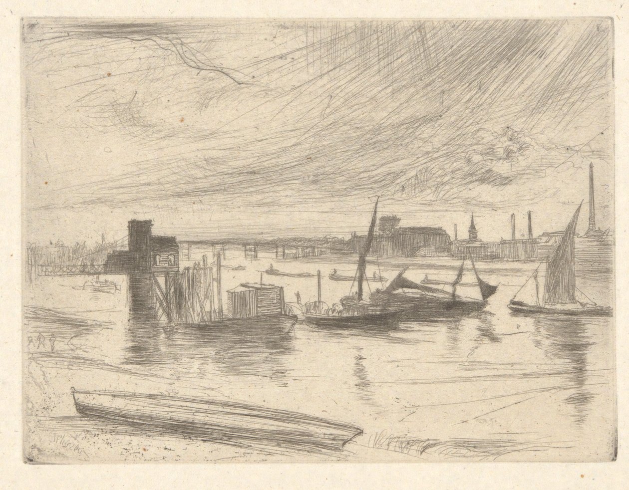 Battersea Dawn (Cadogan Pier), a Temze díszletéből (Tizenhat rézkarc sorozat a Temzéről és más témákról) alkotó: James Abbott McNeill Whistler