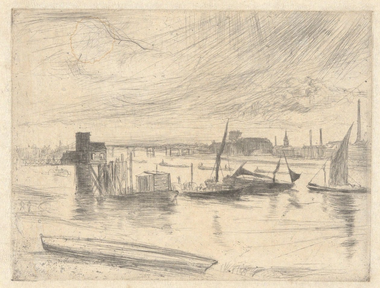 Hajnal Battersea-ben (Cadogan móló), a Temze-sorozatból (tizenhat rézkarc sorozata a Temze menti jelenetekről és más témákról) alkotó: James McNeill Whistler