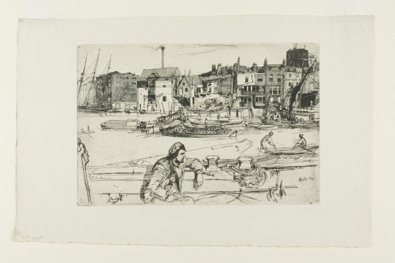 Black Lion Wharf, a Tizenhat rézkarcból álló jelenetek sorozatából a Temzén (a "Temze díszlet") alkotó: James Abbott McNeill Whistler