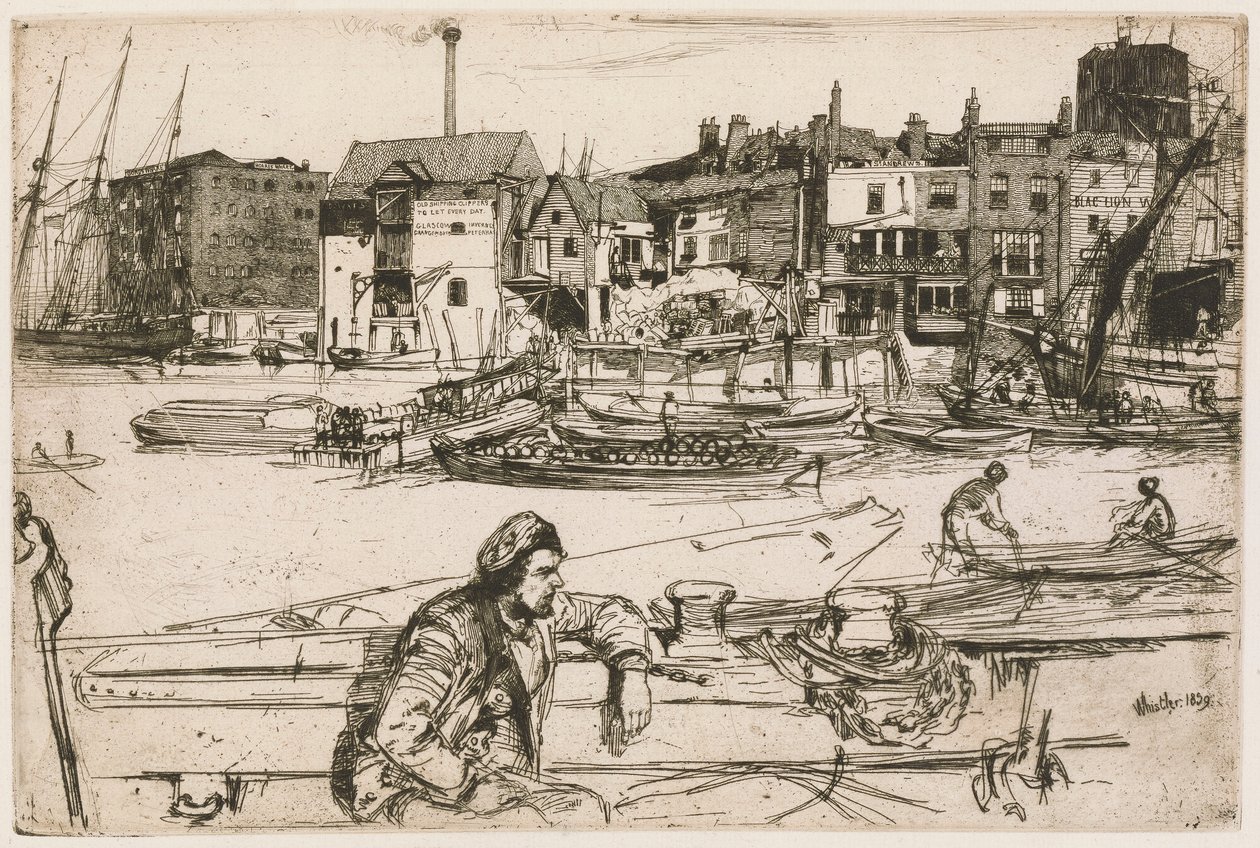 Black Lion Wharf, a Temze díszletéből (Tizenhat rézkarc sorozat a Temzéről és más témákról) alkotó: James Abbott McNeill Whistler