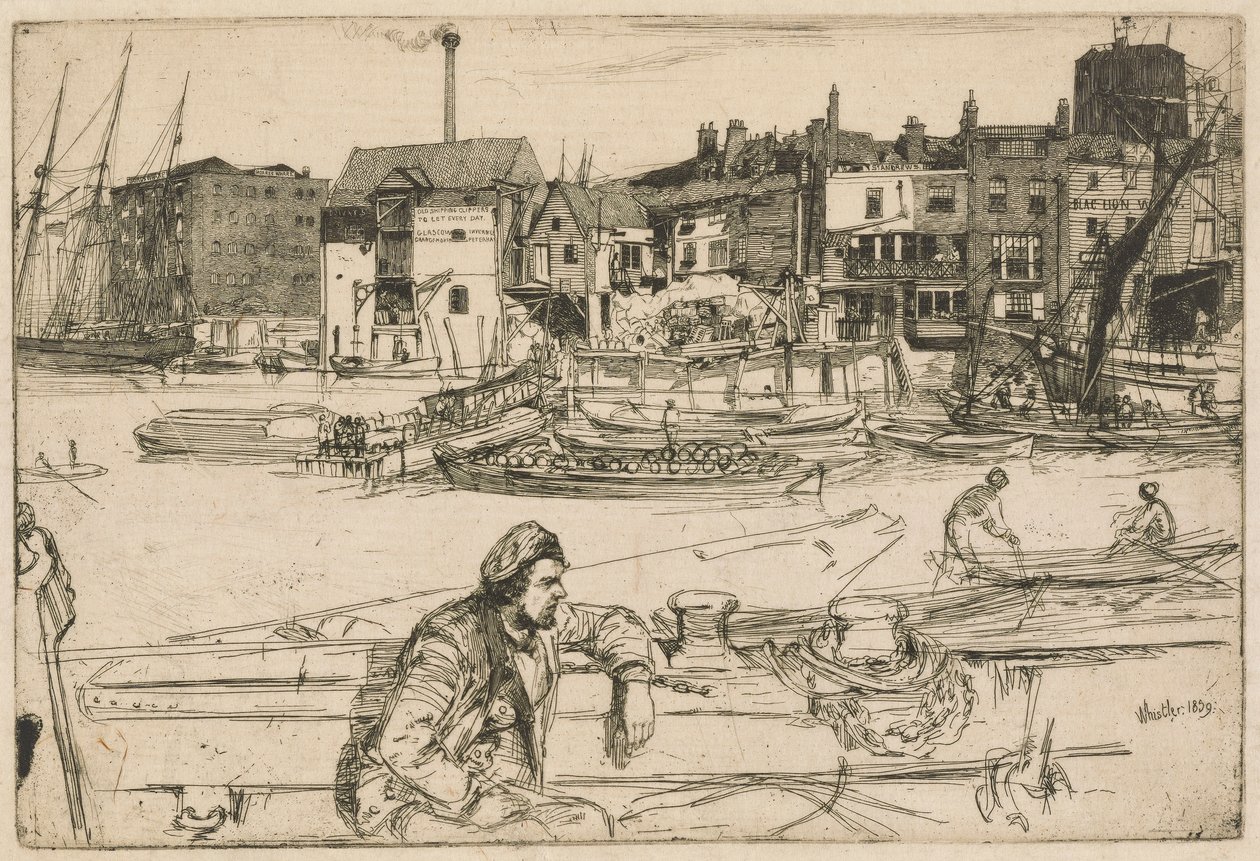 Black Lion Wharf, a Temze díszletéből (Tizenhat rézkarc sorozat a Temzéről és más témákról) alkotó: James Abbott McNeill Whistler