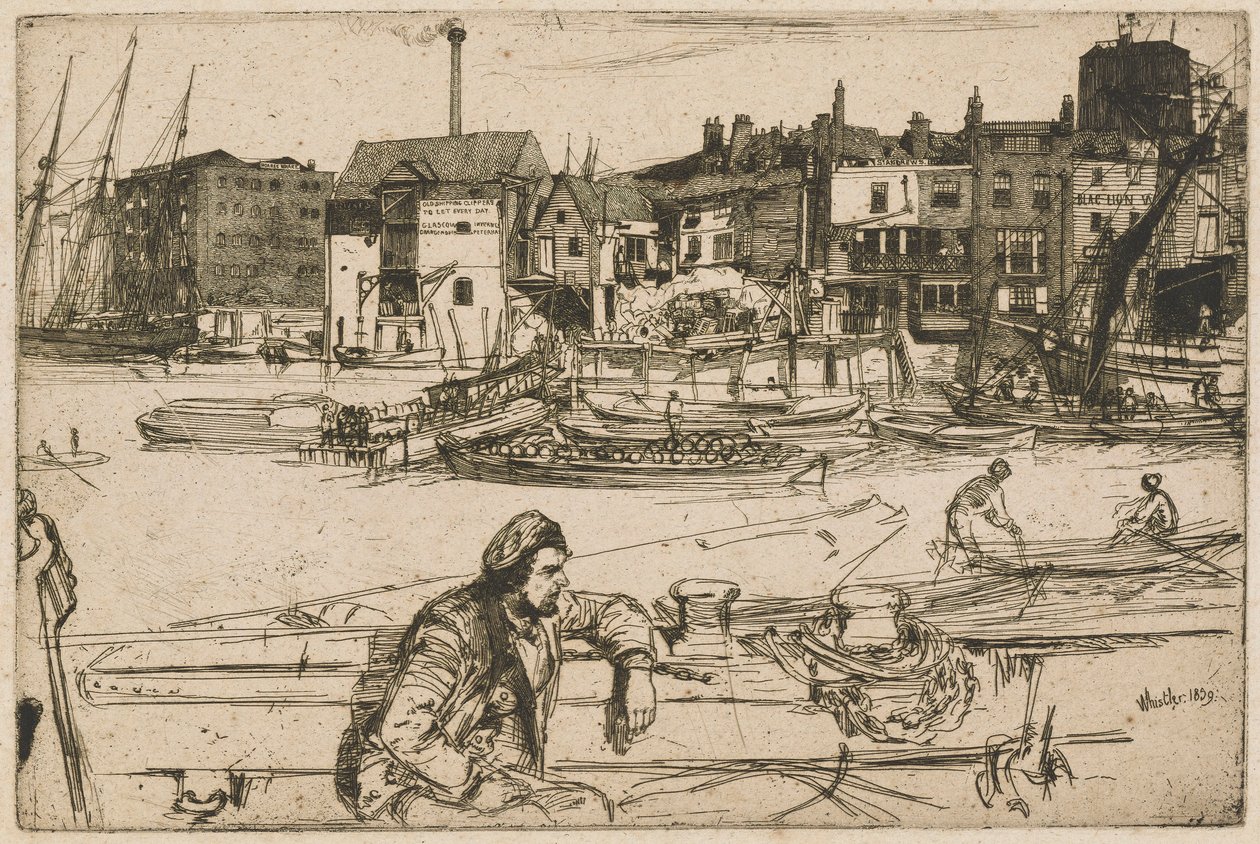 Black Lion Wharf, a Temze díszletéből (Tizenhat rézkarc sorozat a Temzéről és más témákról) alkotó: James Abbott McNeill Whistler