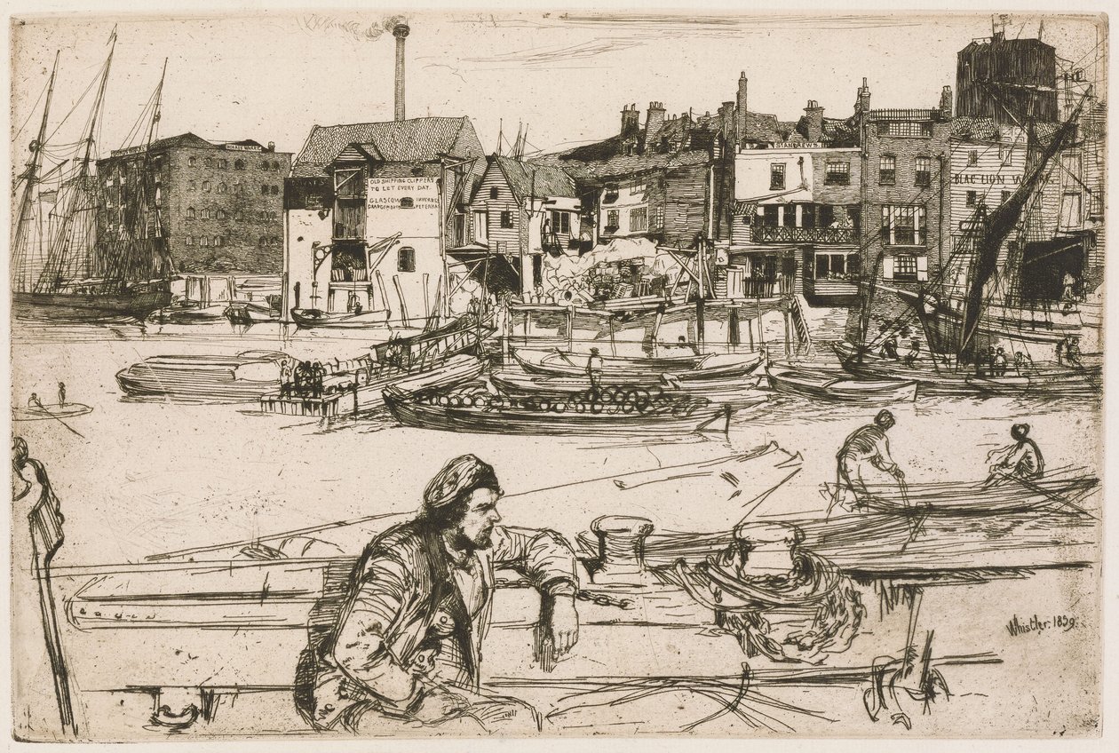 A Fekete Oroszlán rakpartja, a Temze-sorozatból (Tizenhat rézkarc a Temze-parti tájakról és egyéb témákról) alkotó: James McNeill Whistler