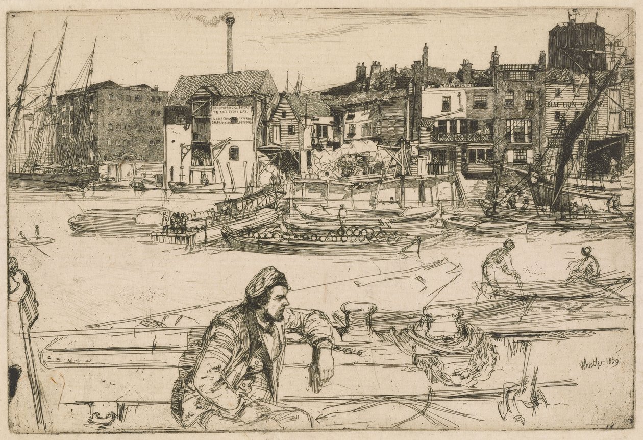 Black Lion Wharf, a Temze-sorozatból (Tizenhat rézkarcból álló sorozat a Temze jeleneteivel és más témákkal) alkotó: James McNeill Whistler