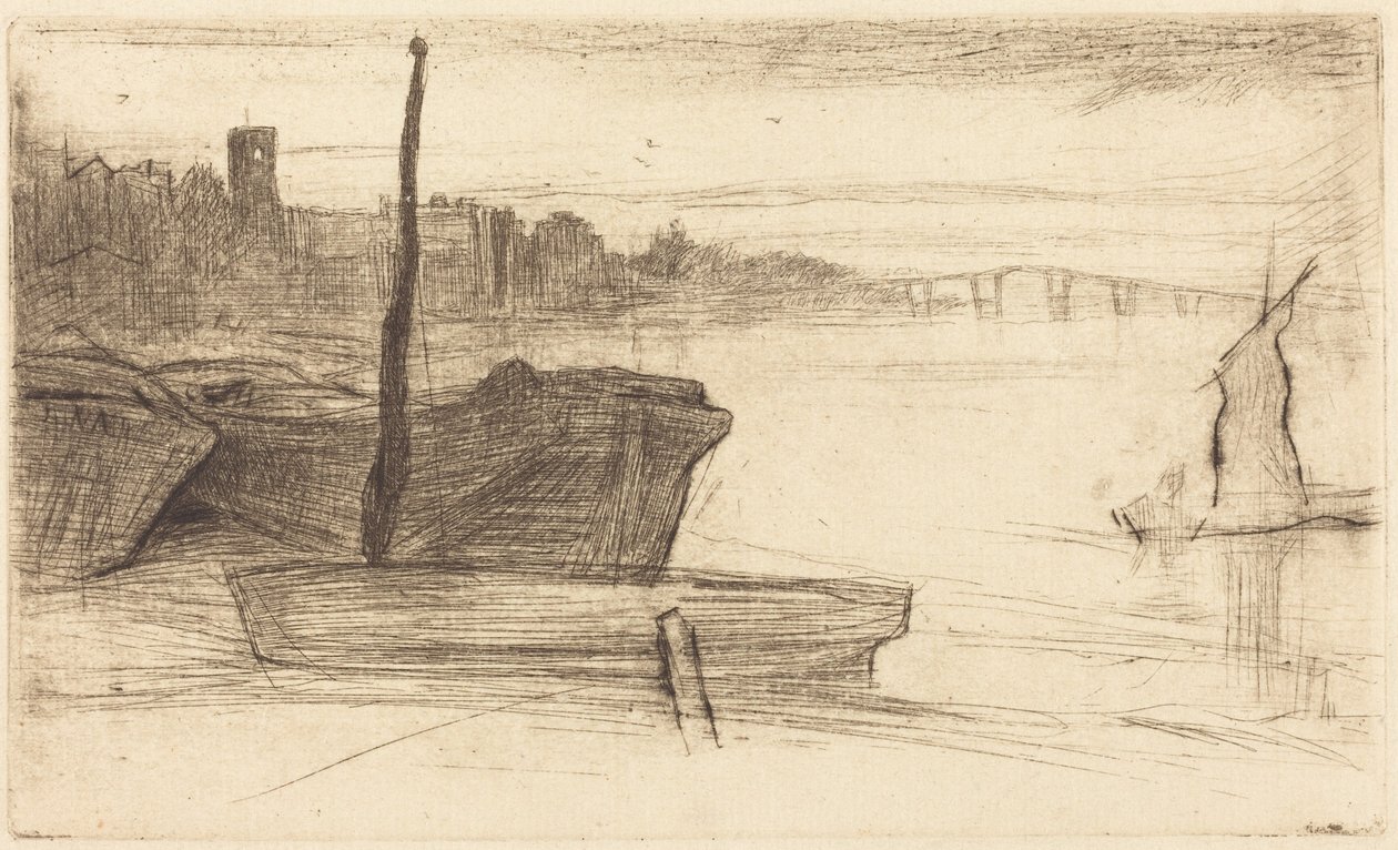 A Chelsea-híd és a templom alkotó: James McNeill Whistler
