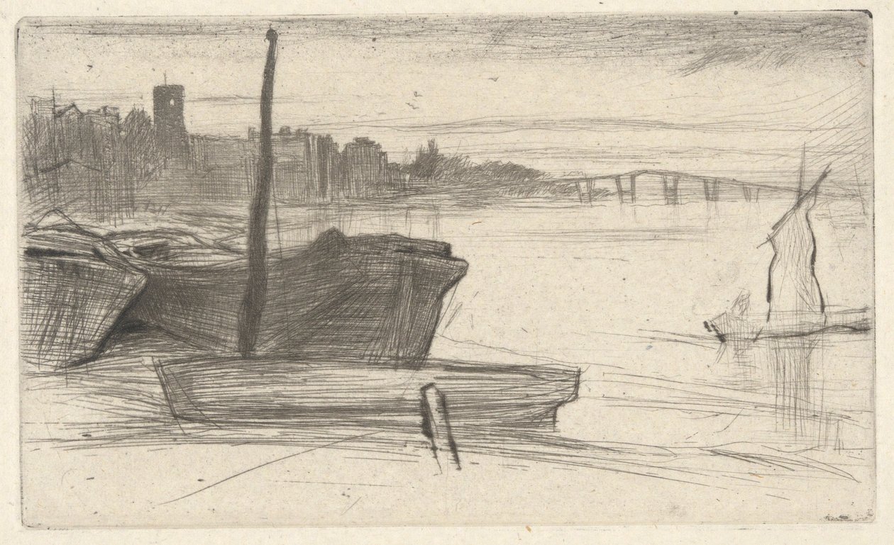 Chelsea híd és templom, a Temze díszletéből (Tizenhat rézkarc sorozat a Temzéről és más témákról) alkotó: James Abbott McNeill Whistler