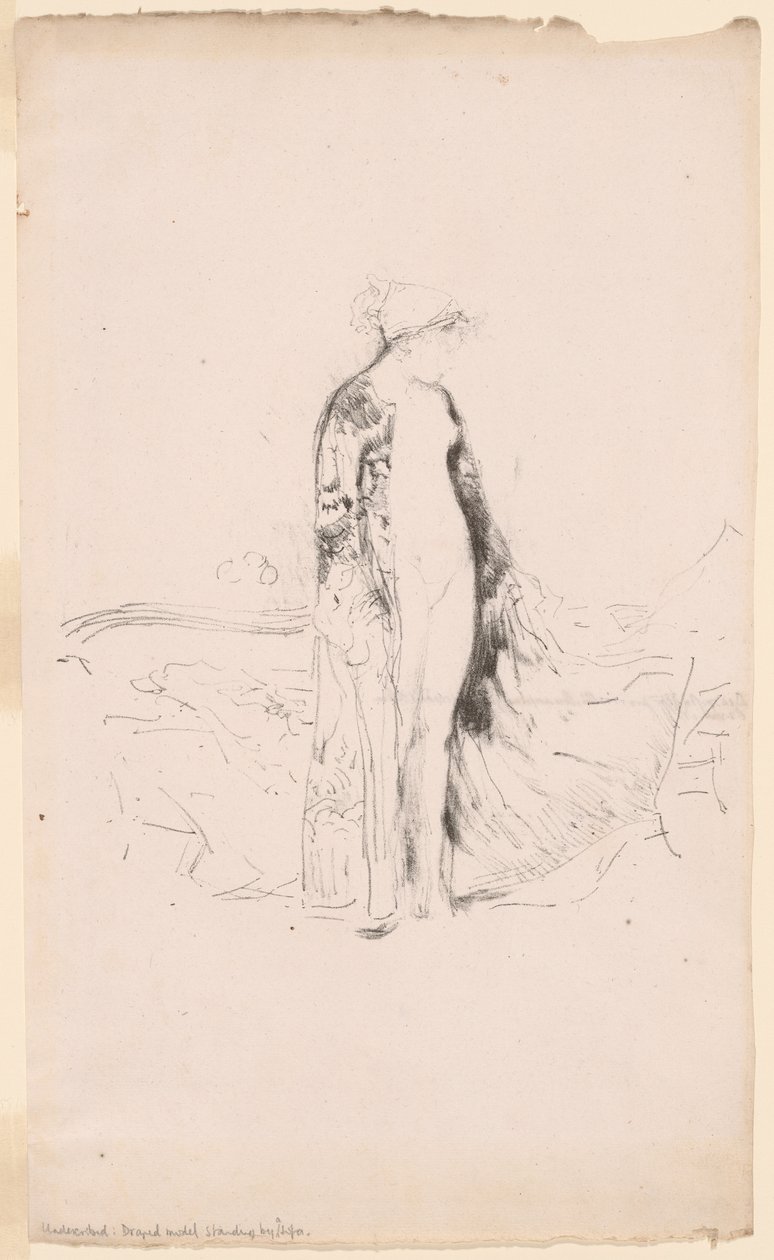 Drapizált modell, kanapé mellett állva alkotó: James Abbott McNeill Whistler