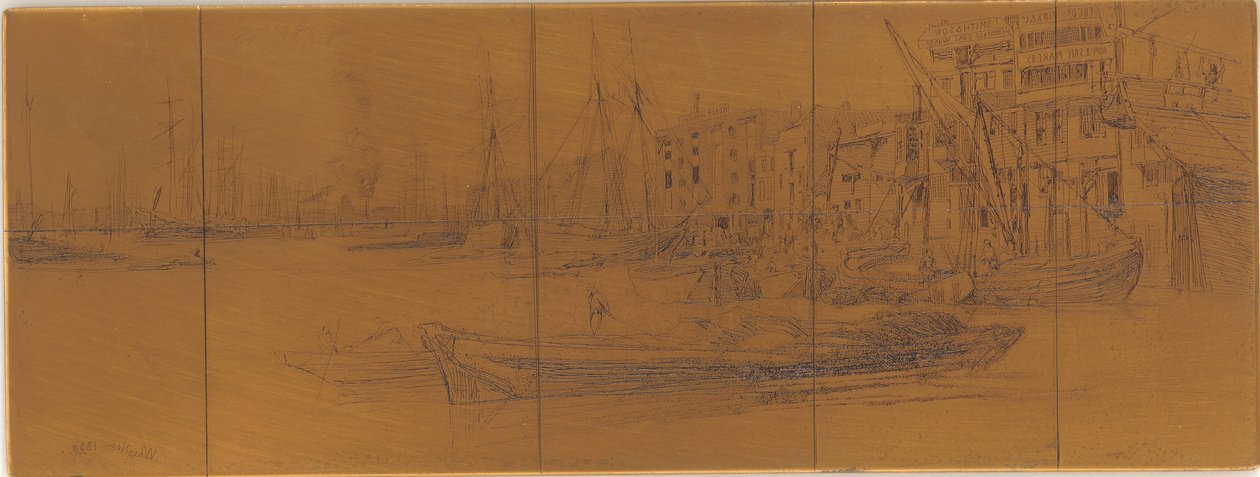 Rézkarc: Thames Warehouses alkotó: James Abbott McNeill Whistler