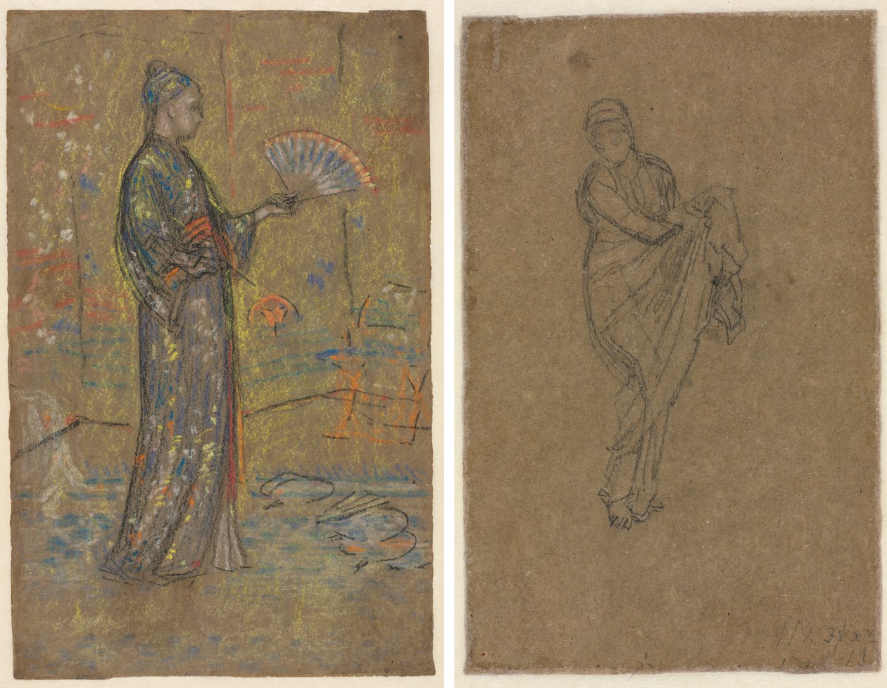 Legyezőt festő japán nő (recto); ruháját felemelő álló nő (verso) alkotó: James McNeill Whistler