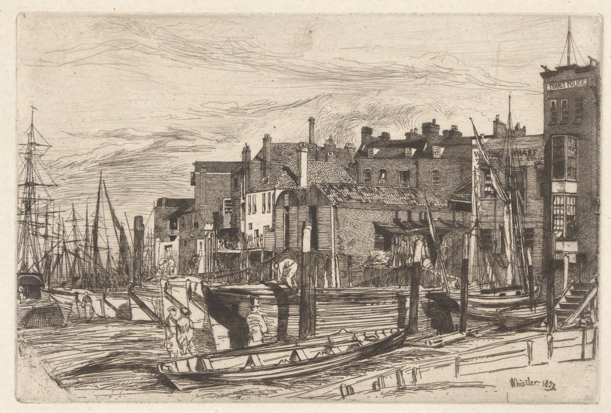 Temze rendőrség (Wapping Wharf), a Temze díszletből (Tizenhat rézkarc sorozat a Temzéről és más témákról) alkotó: James Abbott McNeill Whistler