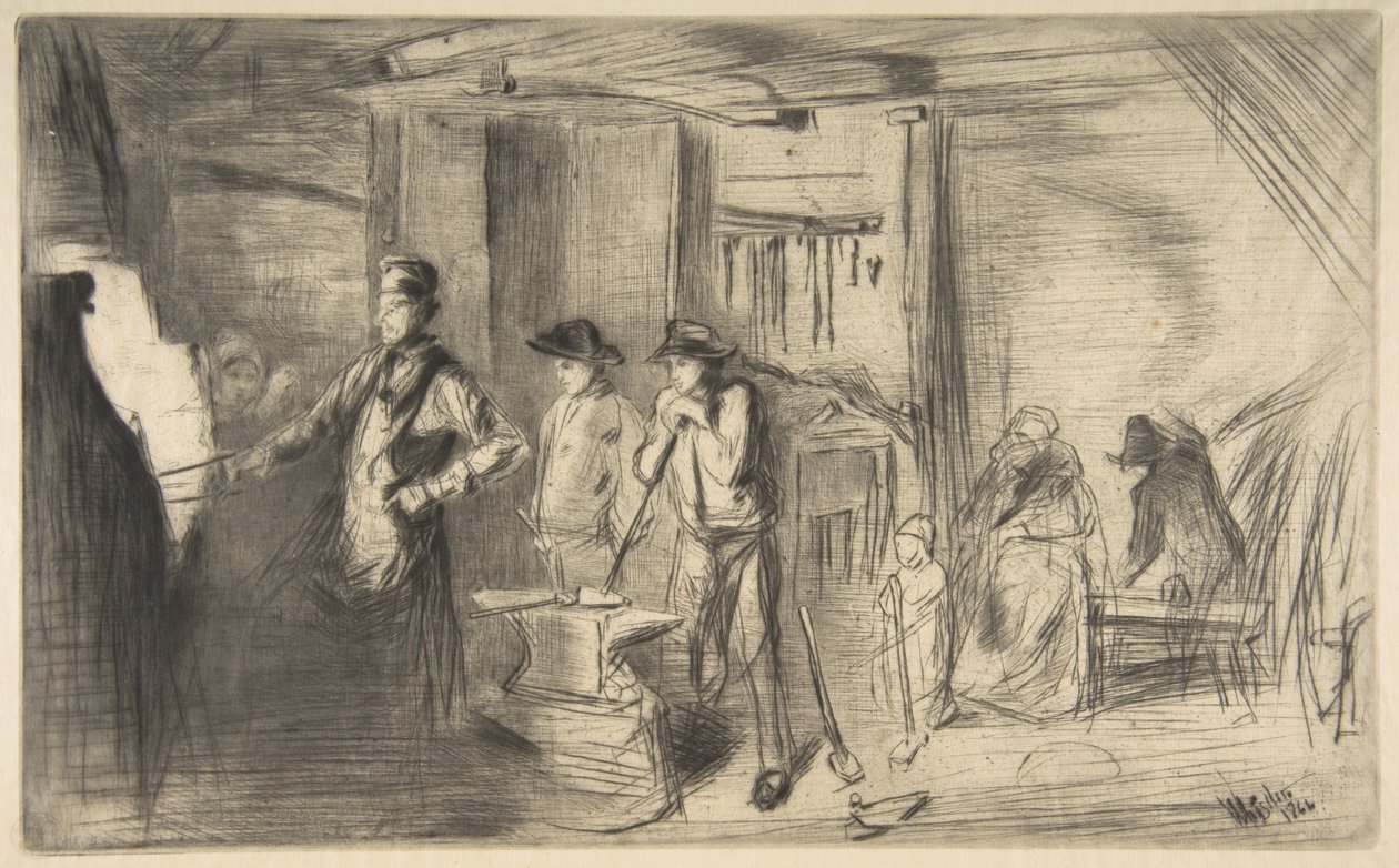 A kovácsműhely, a „Tizenhat metszet a Temze-parti jelenetekről és egyéb témákról” című sorozatból alkotó: James McNeill Whistler
