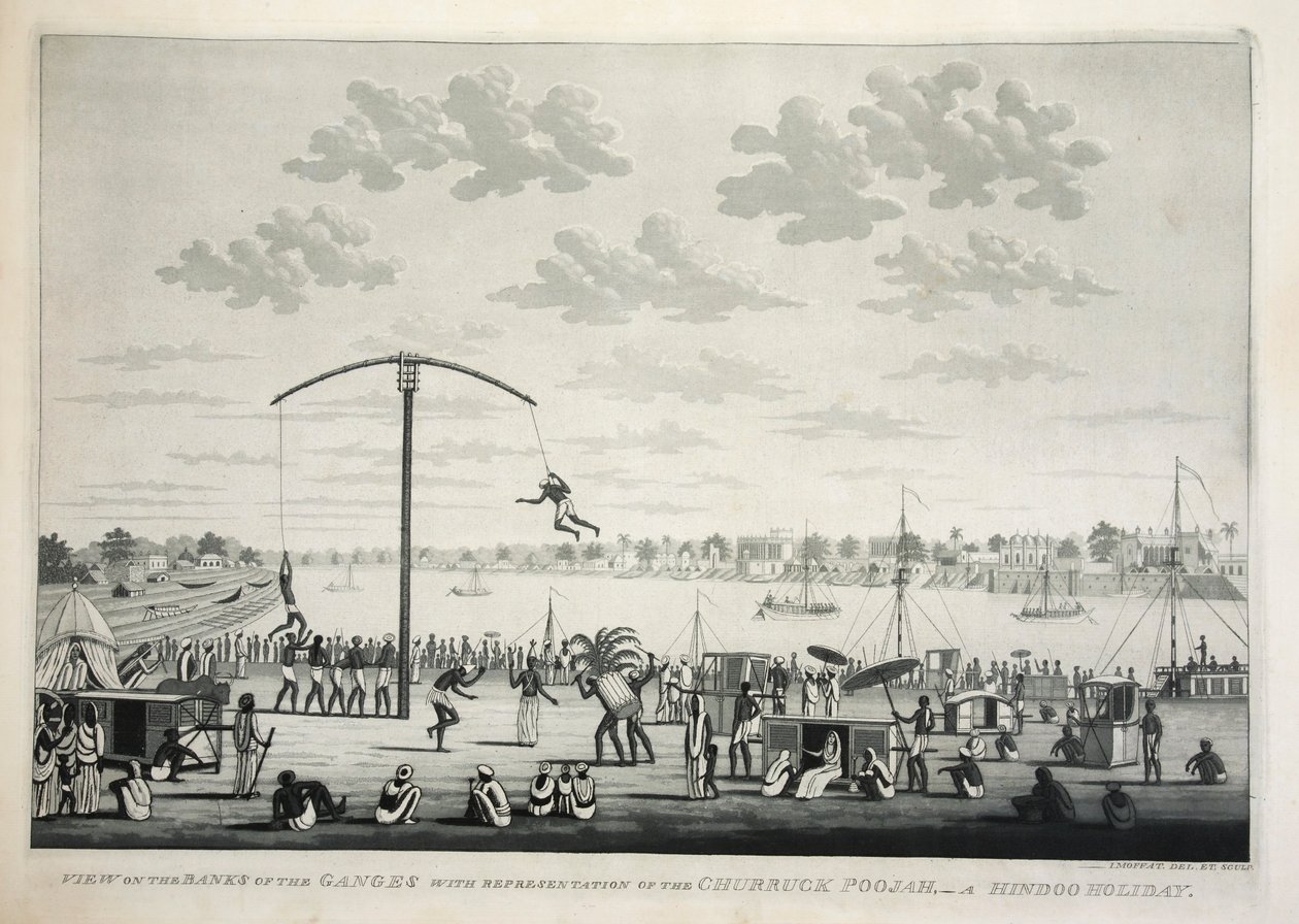 Kilátás a Gangesz partjára a Churruck Poojah ábrázolásával…, pub. 1810-es metszet. alkotó: James Moffat