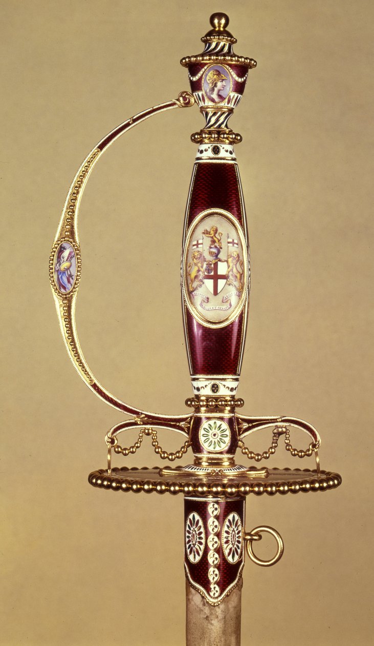 A Kelet-indiai Társaság által James Hartley ezredesnek (1745-99) ajándékozott kard markolata, James Morisset (1766 körül - 1800 körül) 1780 körül (arany és zománc) alkotó: James Morisset