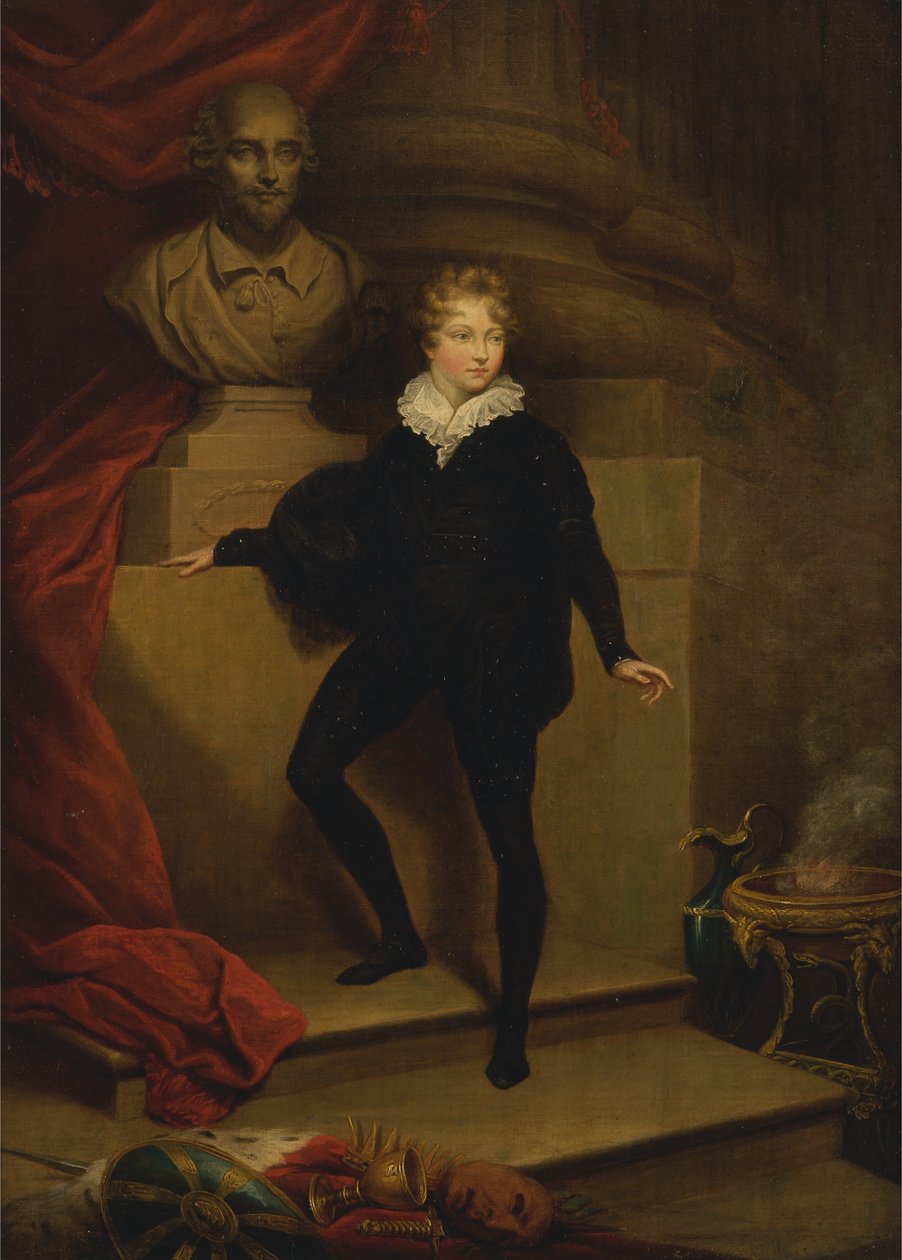 Betty mester mint Hamlet, Shakespeare mellszobra előtt. alkotó: James Northcote