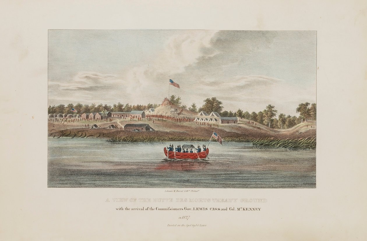A Butte Des Morts szerződési területének látképe; Lewis Cass kormányzó és McKenny ezredes biztosok megérkezésével, az Aboriginal Portfólióból alkotó: James Otto Lewis