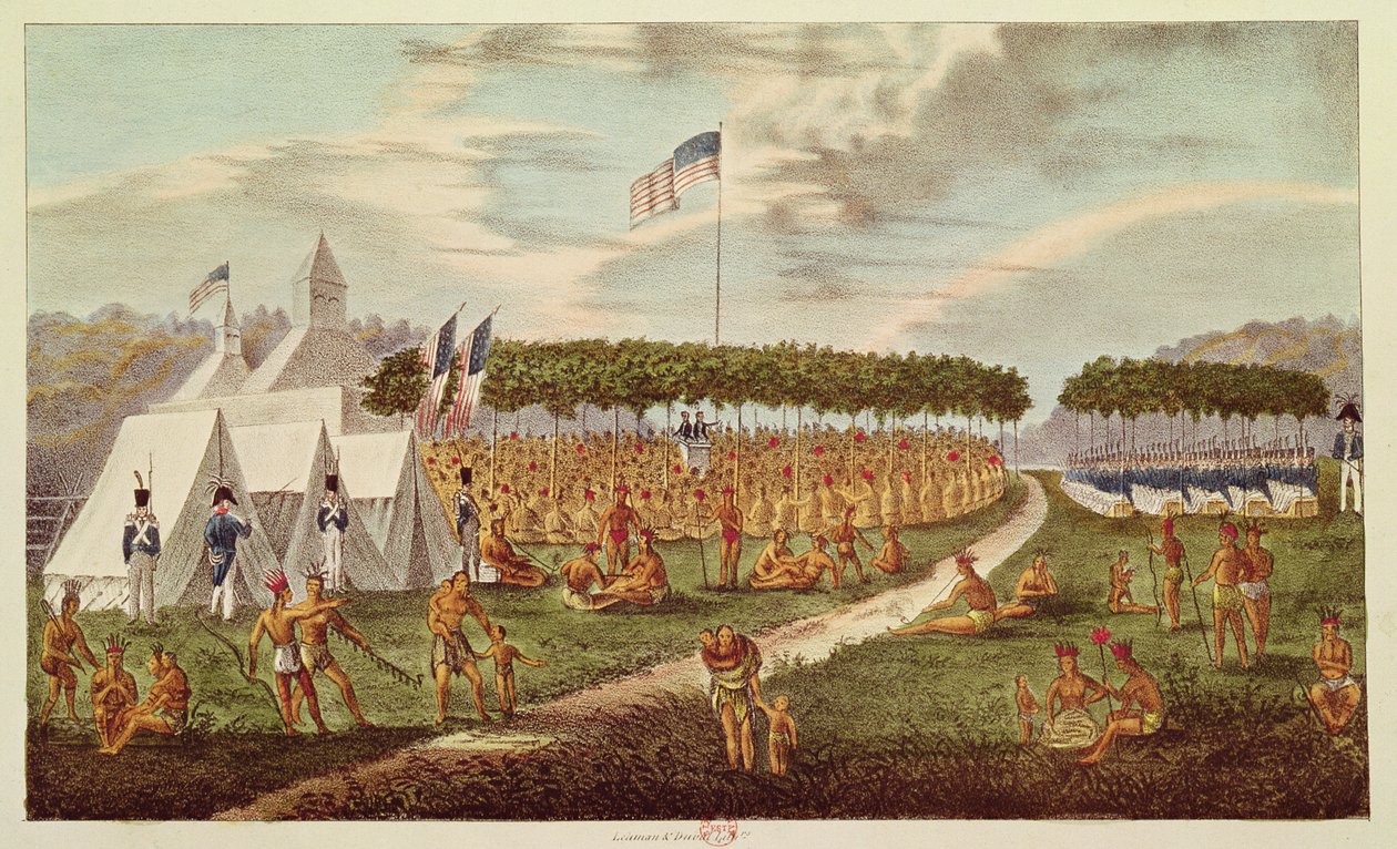 Az 1825. szeptemberi Prairie du Chien-ben, Wisconsin államban megtartott Nagy Szerződés képe a „The Aboriginal Portfolio”-ból, 1825 (színes metszet) alkotó: James Otto Lewis