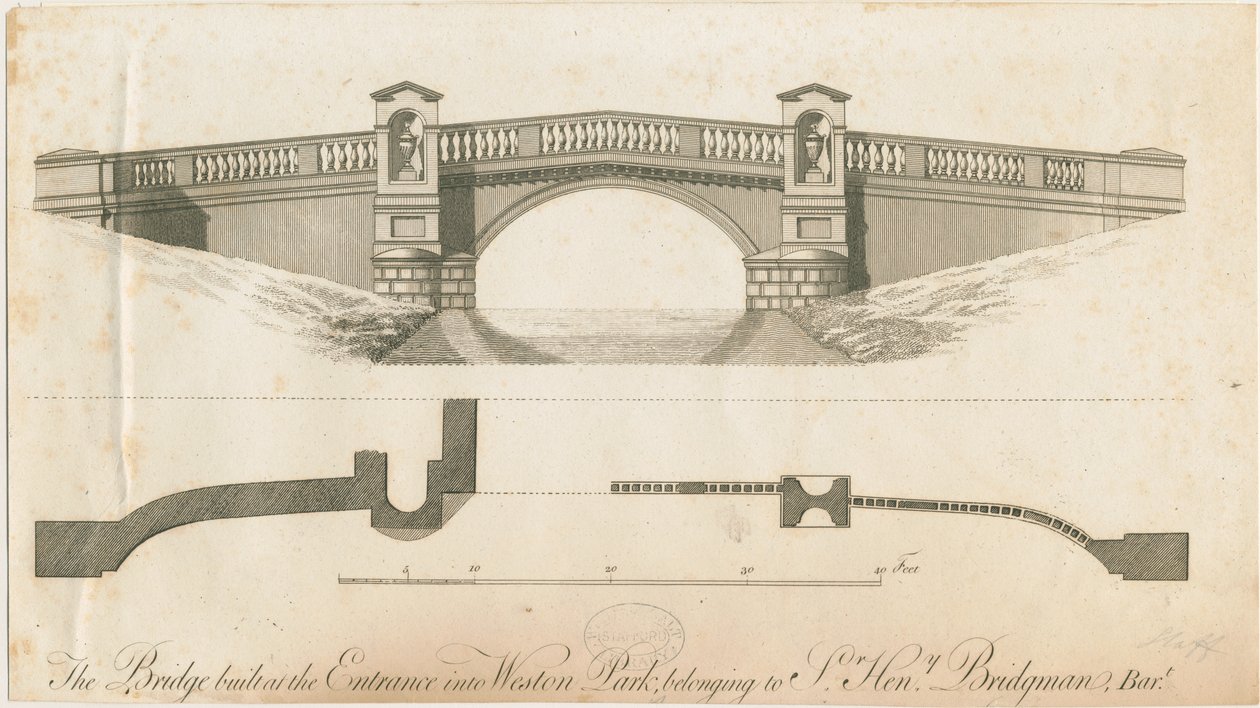 Weston-under-Lizard – híd a Weston Park bejáratánál: metszet, nd [c 1765-1770] alkotó: James Paine