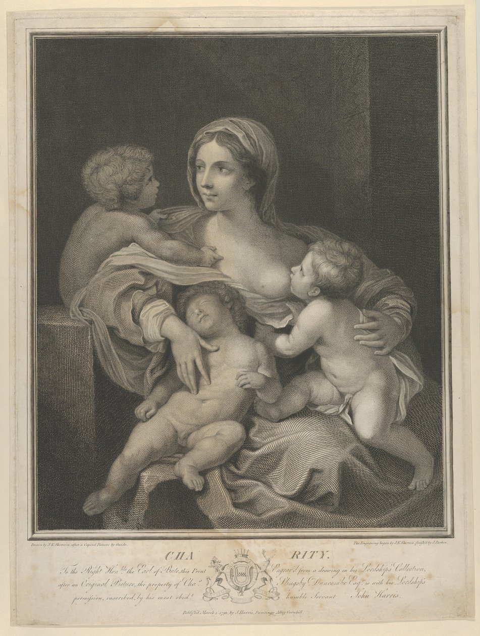 Charity ülve szoptat egy csecsemőt, egy másik az ölében alszik, a harmadik pedig beszélget vele, ..., 1793. alkotó: James Parker