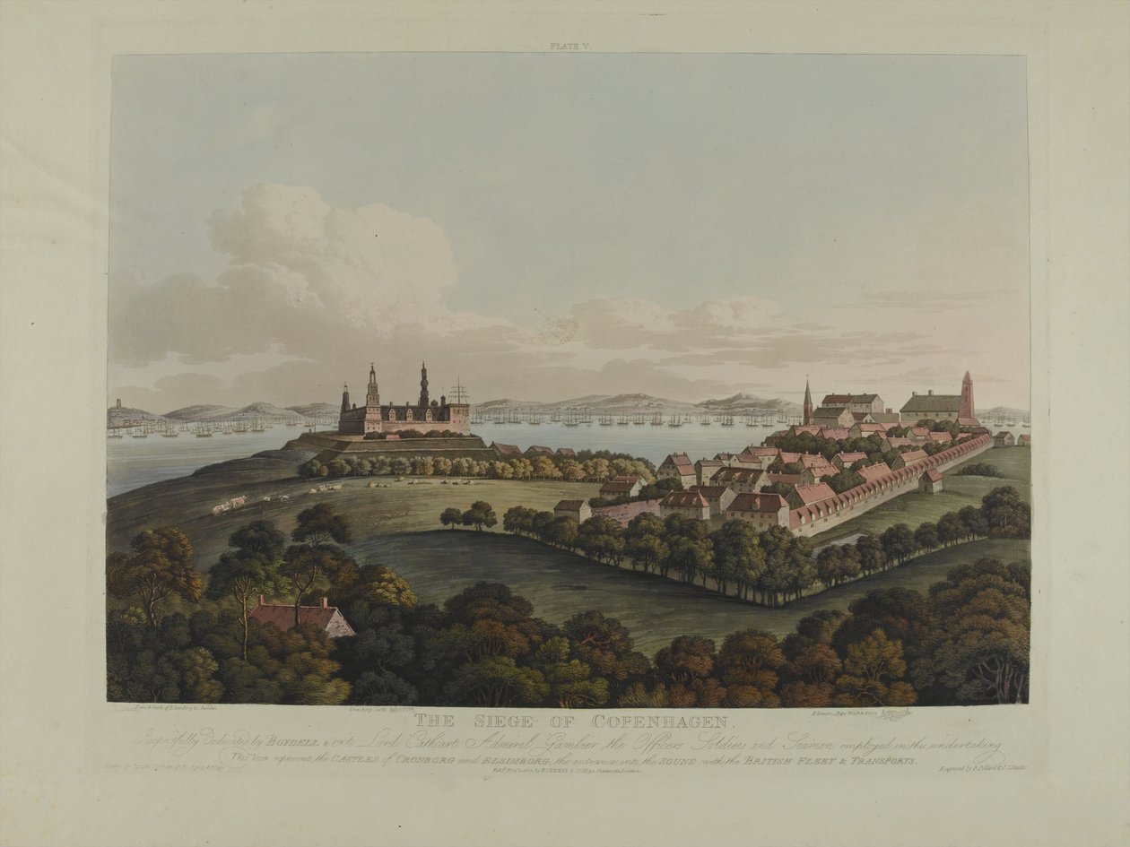 Dánia 1807: Koppenhága ostroma, metszett Robert Pollard (1792-1867) és Joseph Constantine Stadler (1780-1812) 1807-ben megjelent (színes akvatinta) alkotó: James Pattison Cockburn
