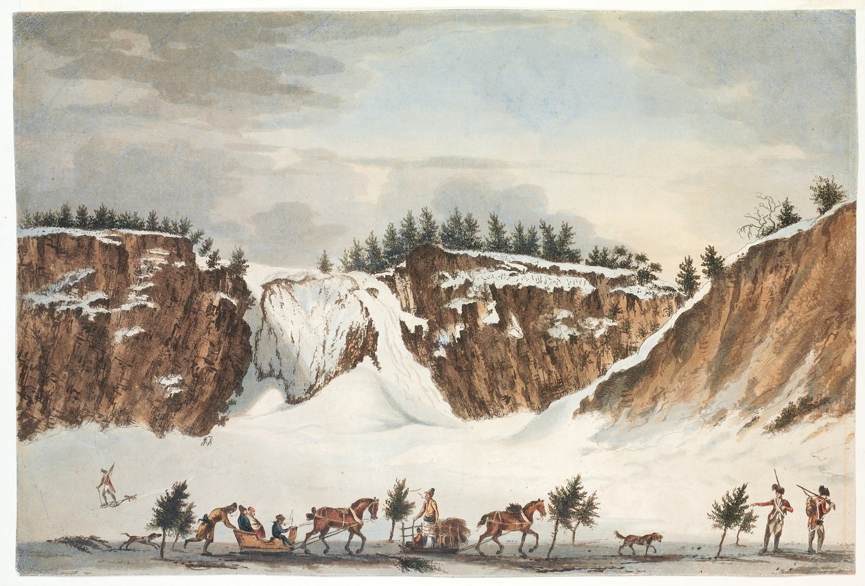 A Montmorenci-vízesés téli képe az előtte elterülő jégen lévő útról, 1781. április 12-én készült, John Wells metszetével alkotó: James Peachey