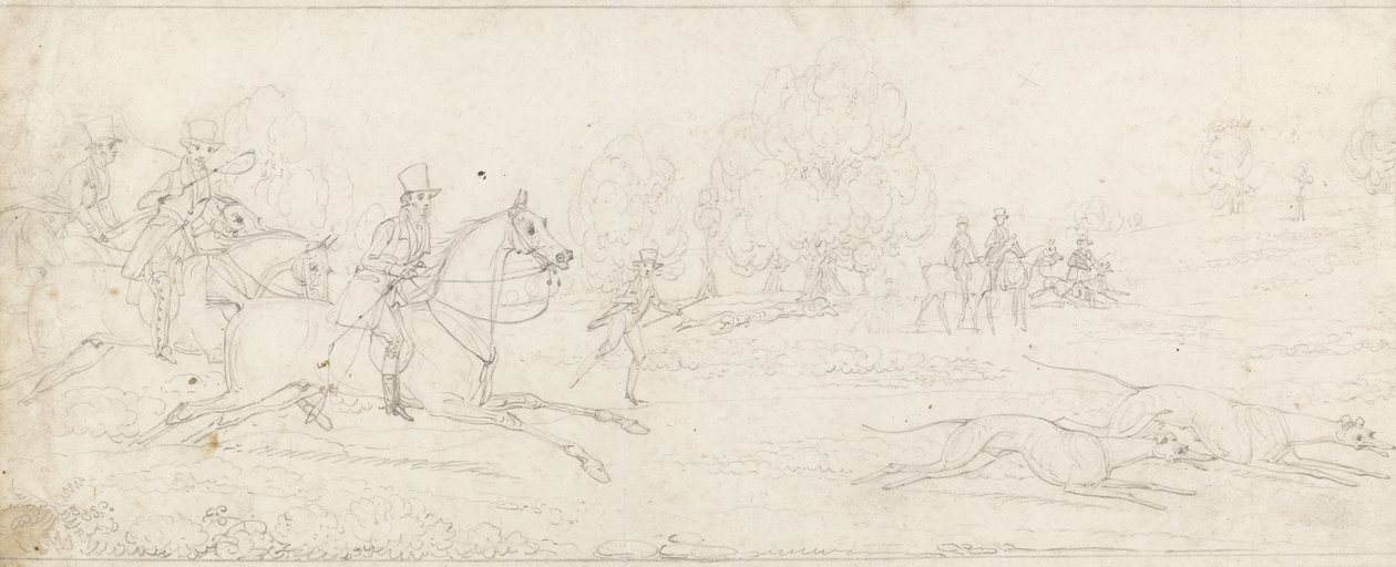 Coursing, egy csapat lovas vágtat balról néhány agár után (grafit a papíron) alkotó: James Pollard