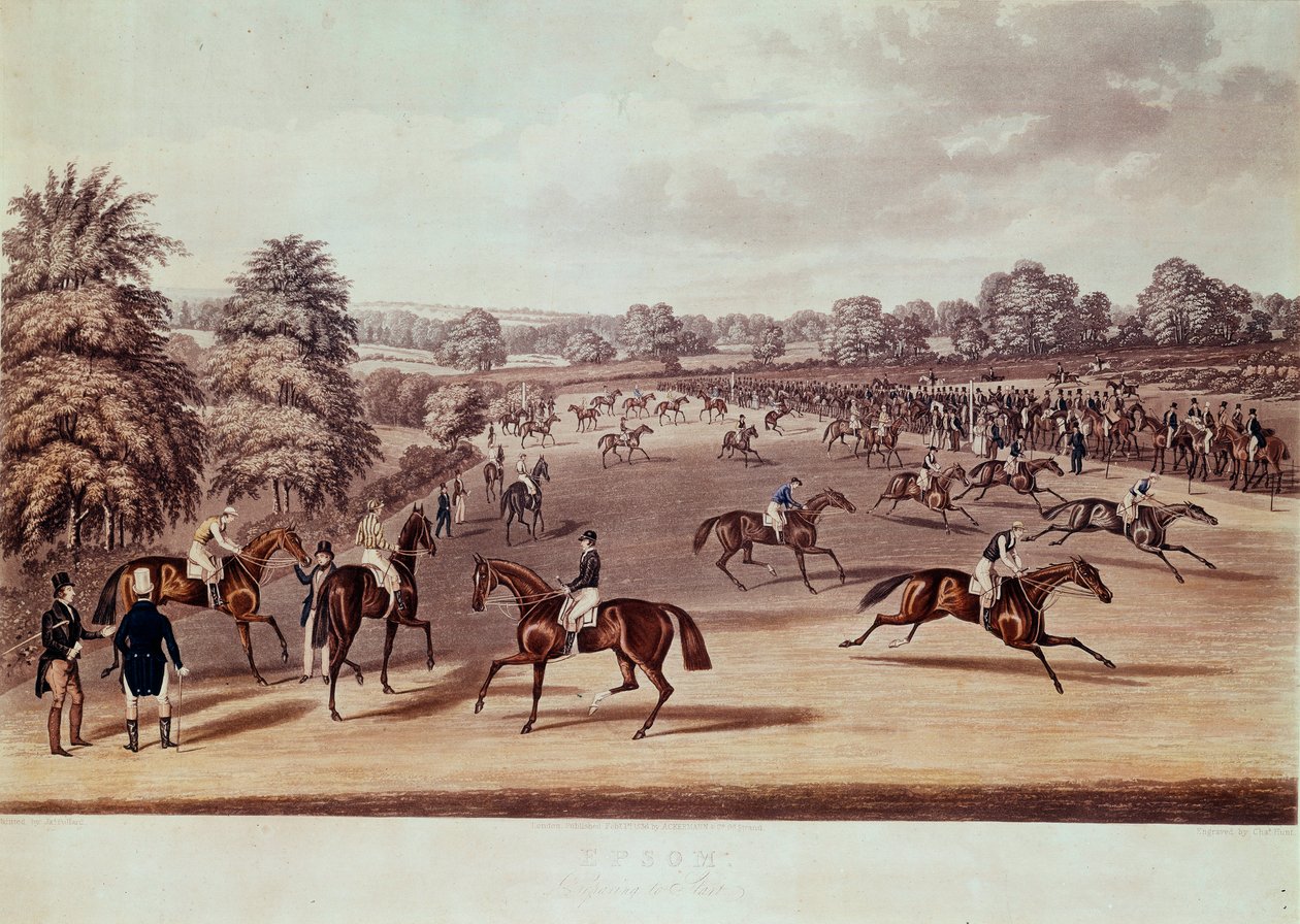 Lóverseny Epsomban indulás előtt Illusztráció: James Pollard (1792-1867) 19. századi magángyűjtemény alkotó: James Pollard