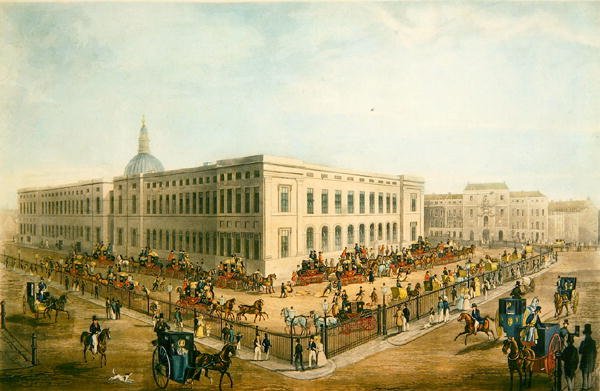 A Régi Főposta északkeleti nézete a Királyi Postakocsikkal, induláshoz készülődve, 1830 körül (aquatinta, papír) alkotó: James Pollard