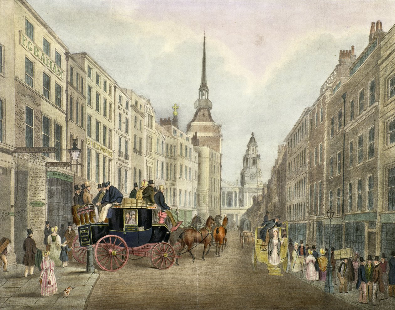 A cambridge-i autóbusz elhagyja a Ludgate Hill-i Belle Sauvage Yardot alkotó: James Pollard