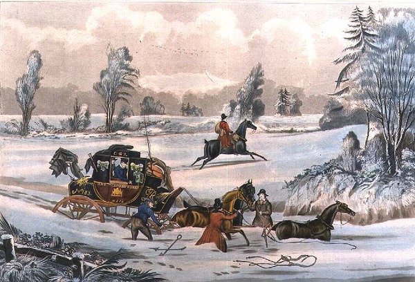 A postakocsi a hóban, metszet: G. Reeves, kocsma. szerző: J. Watson, 1825.09.21. (metszet) alkotó: James Pollard
