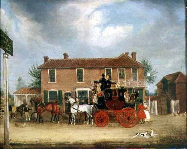 A Norwich-London Mail a Coach and Horses-nál, Ilford (olaj, vászon) alkotó: James Pollard