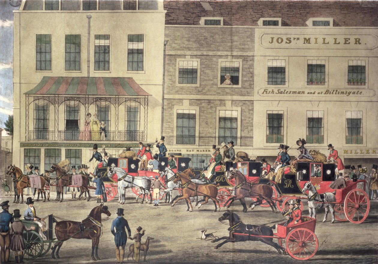 West Country Mails a Gloucester Coffee House-ban, Piccadilly, vésette C. Rosenberg, 1828 alkotó: James Pollard