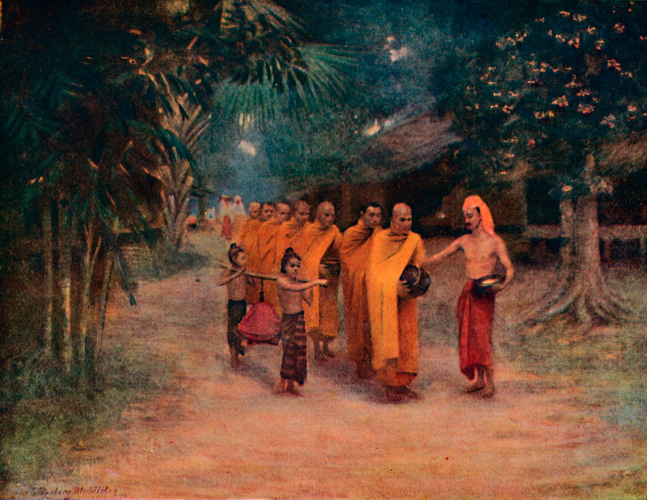 Burmai szerzetesek kolduló faluban – Kora reggel, 1913 alkotó: James Raeburn Middleton
